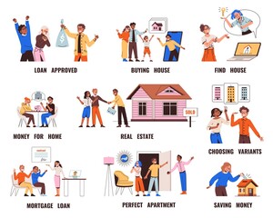 Mortgage credit people. Real estate agents and potential home buyers, apartment purchase, loan approved, couple choosing house on online service, family savings for home, vector set