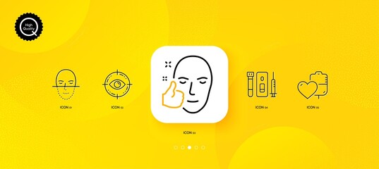 Fototapeta na wymiar Healthy face, Eye target and Blood and saliva test minimal line icons. Yellow abstract background. Blood, Face recognition icons. For web, application, printing. Vector