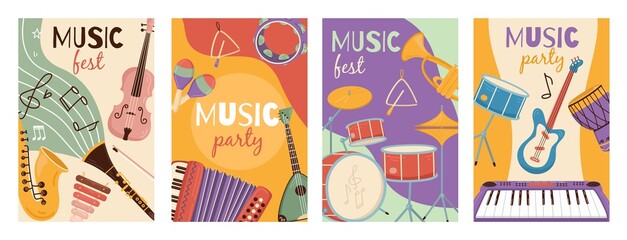 Musical instruments cards. Festivals and party posters with different orchestral tools, funny design posters. Strings, percussion and percussion. Modern and ethnic music banners vector set - obrazy, fototapety, plakaty
