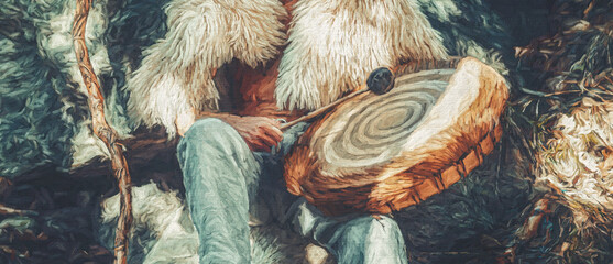 shamanic man playing on drum in the nature. Painting effect.