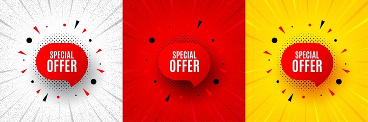 Special offer sticker. Flash offer banner, coupon or poster. Discount banner shape. Sale coupon bubble icon. Special offer promo banner. Retail marketing flyer. Starburst pop art. Vector