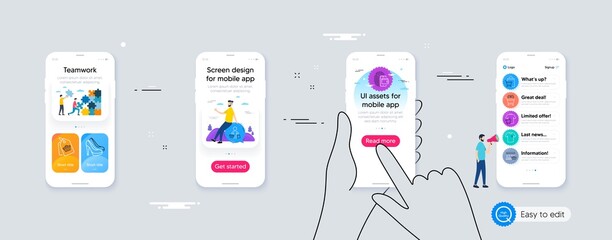 Set of Dirty t-shirt, Wallet and T-shirt line icons. Phone ui interface. Include Shoes, Marketplace, Sale bags icons. Shopping trolley, Sale tag, Buyer web elements. For web, application. Vector