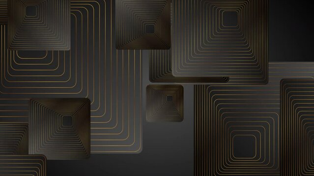 Black abstract motion background with squares and golden linear pattern. Seamless looping. Video animation Ultra HD 4K 3840x2160