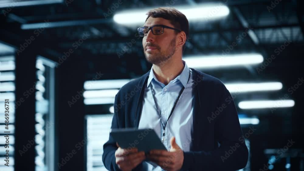 Aufkleber Male IT Specialist Walks Between Row of Operational Server Racks in Data Center. Engineer Uses Tablet Computer for Maintenance. Concept for Cloud Computing, Artificial Intelligence, Cybersecurity.