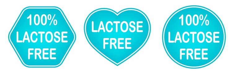 Set of Lactose-free stamps. Blue round logo or label. Lactose intolerance. Milk allergy.