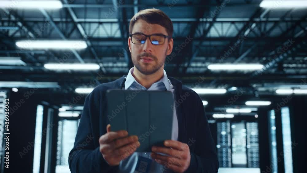 Aufkleber Successful Data Center IT Specialist Using Tablet Computer. Server Farm Cloud Computing Facility with System Administrator Working. Data Protection Engineering Network for Cyber Security.