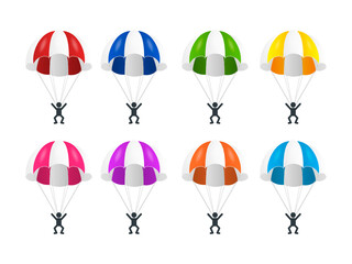 Vector 3d Realistic Striped Parachute with Skydiver Set Isolated. Parachute Jump Concept. Colored Parachutes with Man Icon. Man is Flying on a Parachute