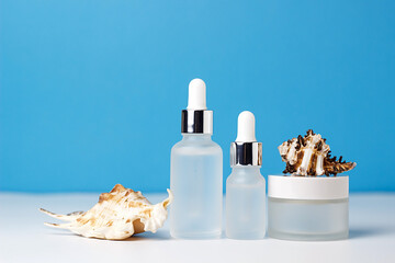 White frosted glass jar of seashell cream on a blue and white background. Cosmetics and cosmetology. Mockup for products. Nautical and summer concept. SPF protection from sun and wind.