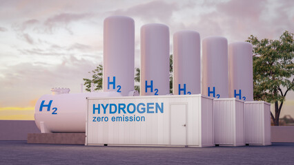 hydrogen zero emission storage center at sunset - obrazy, fototapety, plakaty