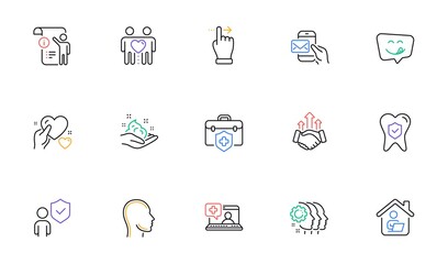 Skin care, Employees teamwork and Dental insurance line icons for website, printing. Collection of Hold heart, Medical help, Yummy smile icons. Friends couple, Work home, Deal web elements. Vector