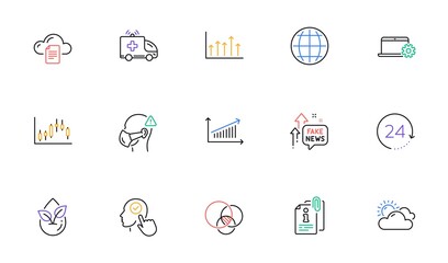 Select user, Globe and Attached info line icons for website, printing. Collection of Candlestick graph, 24 hours, Ambulance car icons. Organic product, Growth chart, Chart web elements. Vector
