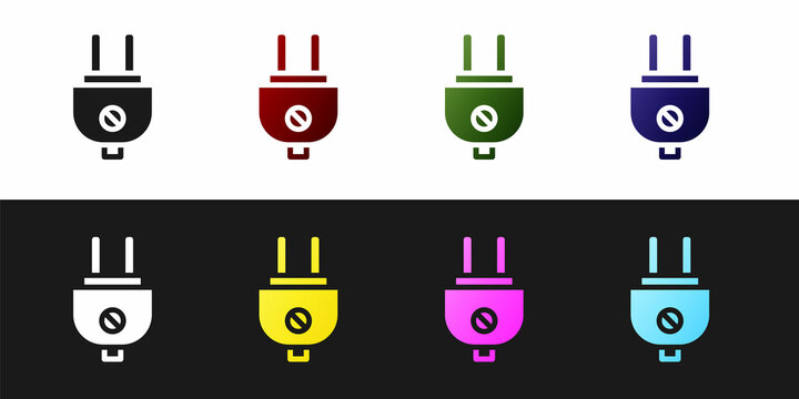 Set Electric plug icon isolated on black and white background. Concept of connection and disconnection of the electricity. Vector
