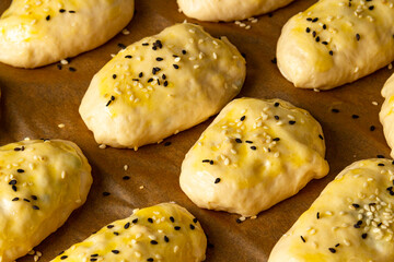 The dough is laid before baking on a baking sheet in the oven
