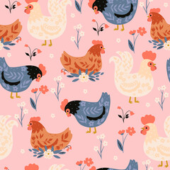 Seamless pattern with cute chickens and flowers. Vector graphics.