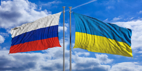 Russia vs Ukraine, crisis. National flag flying opposed on cloudy sky background. 3d render