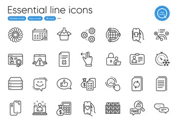 Lock, Online warning and Dating app line icons. Collection of Reject file, Fan engine, Servers icons. Boxes shelf, Eco energy, Smartphone web elements. Gears, Best manager, Get box. Vector