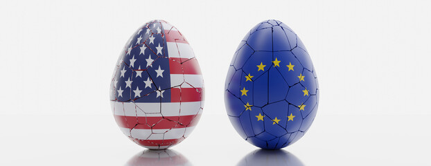USA and EU relation. European and American Flag on broken cracked eggs isolated on white. 3d render