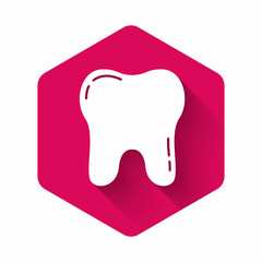 White Tooth icon isolated with long shadow. Tooth symbol for dentistry clinic or dentist medical center and toothpaste package. Pink hexagon button. Vector