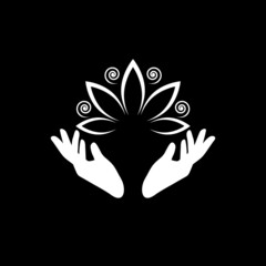 Lotus in hand icon isolated on dark background