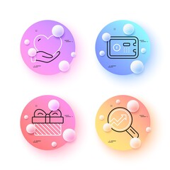 Fototapeta premium Analytics, Volunteer and Safe box minimal line icons. 3d spheres or balls buttons. Gift icons. For web, application, printing. Audit analysis, Social care, Deposit. Present. Vector