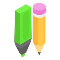 Stationery icon isometric vector. Green marker and orange pencil with eraser. School supplies, education, creativity