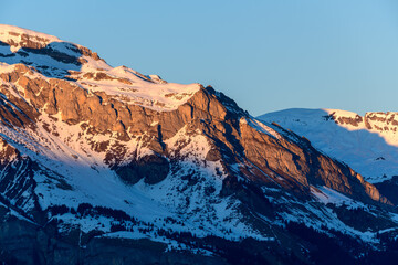 Plate Desert cliffs at sunset in Europe, France, Rhone Alpes, Savoie, Alps, in winter on a sunny day.