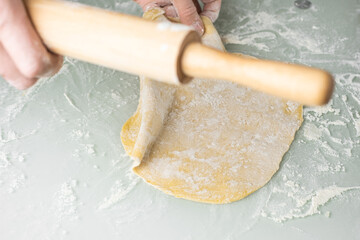 The dough is spread on the table in a thin Layer