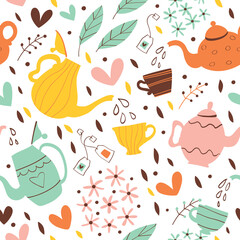 Seamless pattern with tea, cups and teapots.