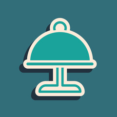 Green Covered with a tray of food icon isolated on green background. Tray and lid. Restaurant cloche with lid. Kitchenware symbol. Long shadow style. Vector