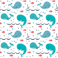 Seamless pattern with cute whales.