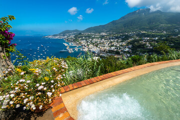 View from the thermal pool on the coastline of the island of Ischia, Italy - obrazy, fototapety, plakaty
