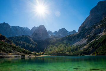 blue-green lake Seebensee near Ehrwald, hiking destination, Mieminger alps austria