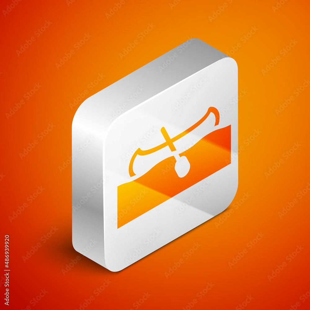 Sticker Isometric Kayak and paddle icon isolated on orange background. Kayak and canoe for fishing and tourism. Outdoor activities. Silver square button. Vector