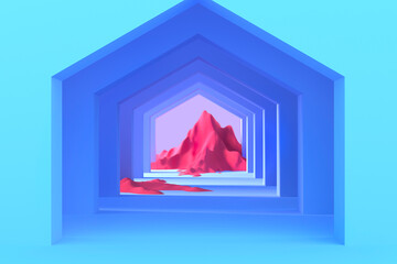 Minimal pastel abstract background and mock up for the presentation and exhibitions of products. Five-sided arches in the blue walls in perspective and lighted mountain in the center. 3d illustration