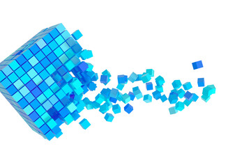 Abstract creative modern blue and white 3D background a three-dimensional cube lying on its side and exploding small cube particles flying out of it. 3d illustration