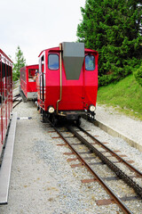Obraz premium The Schafberg Railway train is a gauge cog railway in Upper Austria and Salzburg. Schafberg train leading from St Wolfgang im Salzkammergut to the Schafberg.