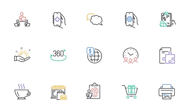 App settings, Full rotation and Meeting time line icons for website, printing. Collection of Shopping cart, Coffee, Food market icons. Fingerprint, Messenger, Sunny weather web elements. Vector
