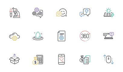 Cloud computing, Cogwheel and Accounting wealth line icons for website, printing. Collection of Love chat, Send box, Dating icons. Lightning bolt, Fuel energy, Microscope web elements. Vector