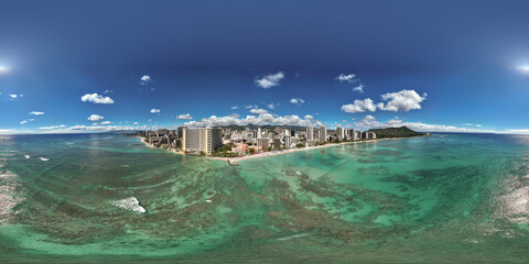 Waikiki beach in Hawaii aerial spherical panorama skyline view