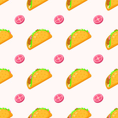 Seamless Pattern Abstract Elements Fast Food Tacos With Tomato Vector Design Style Background Illustration Texture For Prints Textiles, Clothing, Gift Wrap, Wallpaper, Pastel