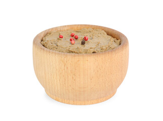 Tasty liver pate with pepper in wooden bowl isolated on white