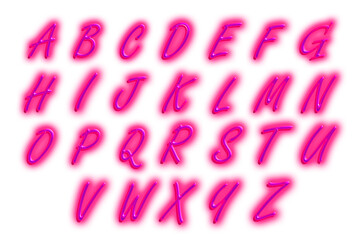 Alphabet from neon letters on a white background. Neon glow.