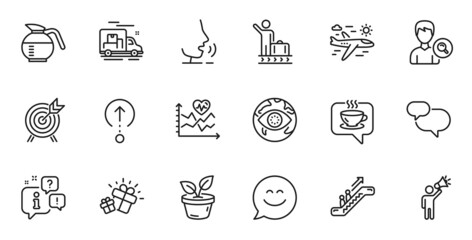 Outline set of Chat message, Cardio training and Brand ambassador line icons for web application. Talk, information, delivery truck outline icon. Vector
