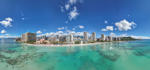 Waikiki beach in Hawaii aerial wide panorama skyline view