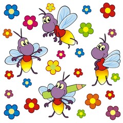 Cute cartoon fire fly set. Funny fire fly in different poses with flowers illustration.