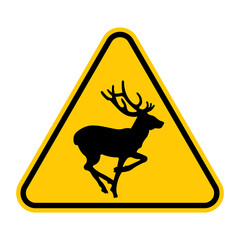 Deer crossing traffic sign. Vector illustration of yellow triangle warning road sign with deer icon inside. Wild forest animals likely to be in road ahead. Caution symbol isolated on white background.