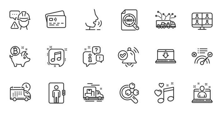 Outline set of Elevator, Correct answer and Love music line icons for web application. Talk, information, delivery truck outline icon. Vector