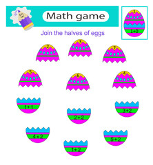 Obraz premium Math activity for kids. Join the halves of eggs. Developing numeracy skills. Number range up to 10