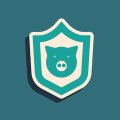 Green Shield with pig icon isolated on green background. Animal symbol. Long shadow style. Vector