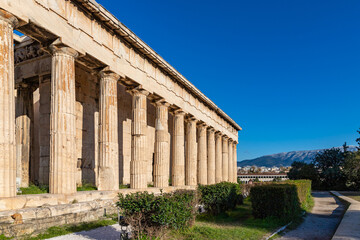 Temple of Hephaestus in Athens, Greece. It is an old famous landmark of Athens. Greek ruins in the Ancient Agora in  Athens center.